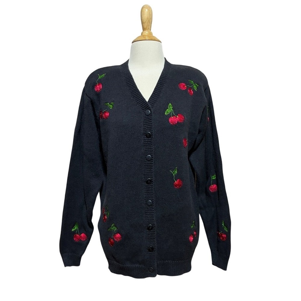 The Quacker Factory Vintage Ramie Cotton Cherry Embroidered Cardigan Sweater Med